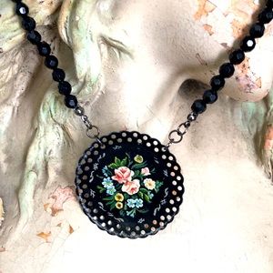 Vtg Hand-Painted Brooch Necklace